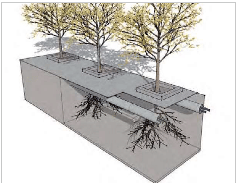 Figuur 2: Een mantelbuis met kabels en leidingen gebundeld onder een rij bomen (https://www.bodemplus.nl/opgaven/gezonde-slimme-stad/voorbeeld/)